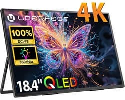 UPERFECT 18.4" 4K QLED Draagbaar scherm | 3840*2160P 100% sRGB Draagbare Monitor | 1.07B(8Bit+FRC) | met geïntegreerde bevestiging Aluminium frame | MINI HDMI & Dual USB-C | voor laptop/telefoon/spelconsole, geschikt voor VESA-montage