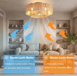 Plafondventilator met Verlichting en Afstandsbediening - Rotan Plafondlamp - Boho Retro Stijl - E27 - 6 Snelheden & Timer — thumbnail 2