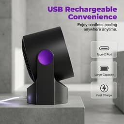 USB‑oplaadbare bladloze bureauventilator, 100 snelheden digitaal display, 12‑uurs batterij, zwart — thumbnail 2