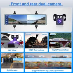 Dashcam voor auto - Zilver - 11,26 inch - IPS Touchscreen Spiegel Dashcam met Voor- en Achtercamera - Met CarPlay en Android Auto — thumbnail 4