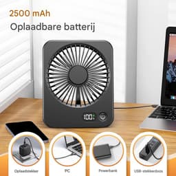 GELLDG Tafelventilator - USB Oplaadbare Ventilator met LED Display - 3 Snelheidsstanden - Geschikt voor Thuis, Kantoor en Camping - 2500mAh Batterij - 16.5x13x3.5cm - Zwarte Draagbare Bureaufactor uit Kunststof — thumbnail 4