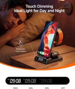 3-in-1 Draadloos Oplaadstation voor Samsung – Oplader voor Telefoon, Horloge & Oordopjes met Digitale Klok, Zwart — thumbnail 2