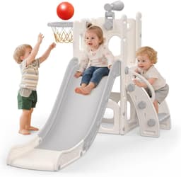 5-in-1 glijbaan voor kinderen, voor binnen en buiten, speelplaats voor kinderen met basketbalmand, opbergruimte en telescoop, speelplaats voor kinderen vanaf 1 jaar, grijs — thumbnail 2