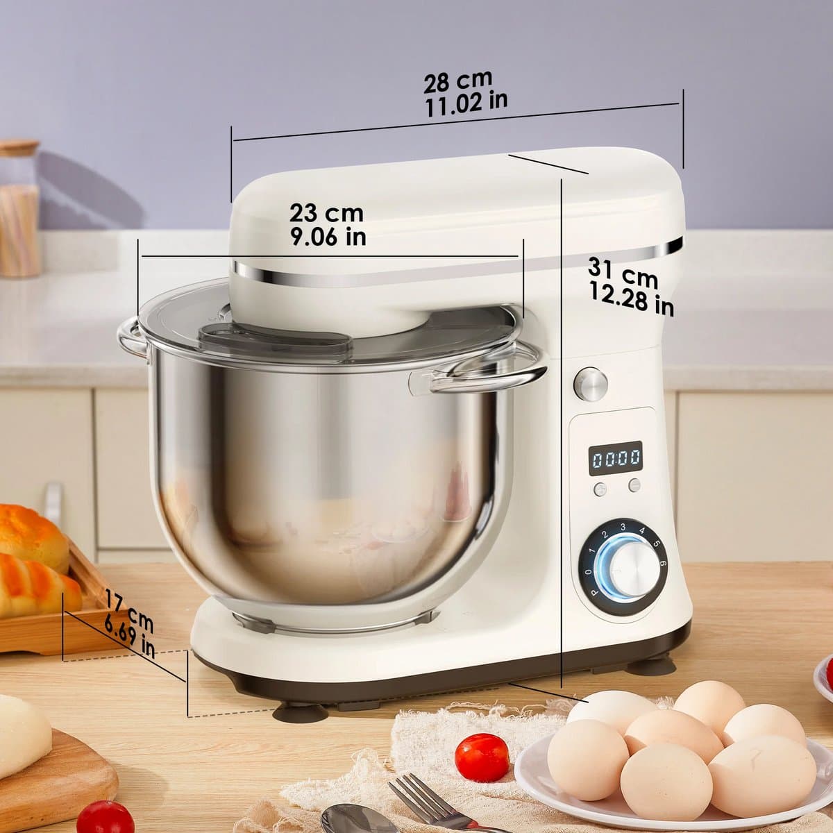 Keukenmachine 6L - 1200W - Staande Mixer - RVS Mengkom - 6 Snelheden + Pulse - LED Display - Inclusief Garde, Deeghaak & Platte Menghaak - Wit — afbeelding 1
