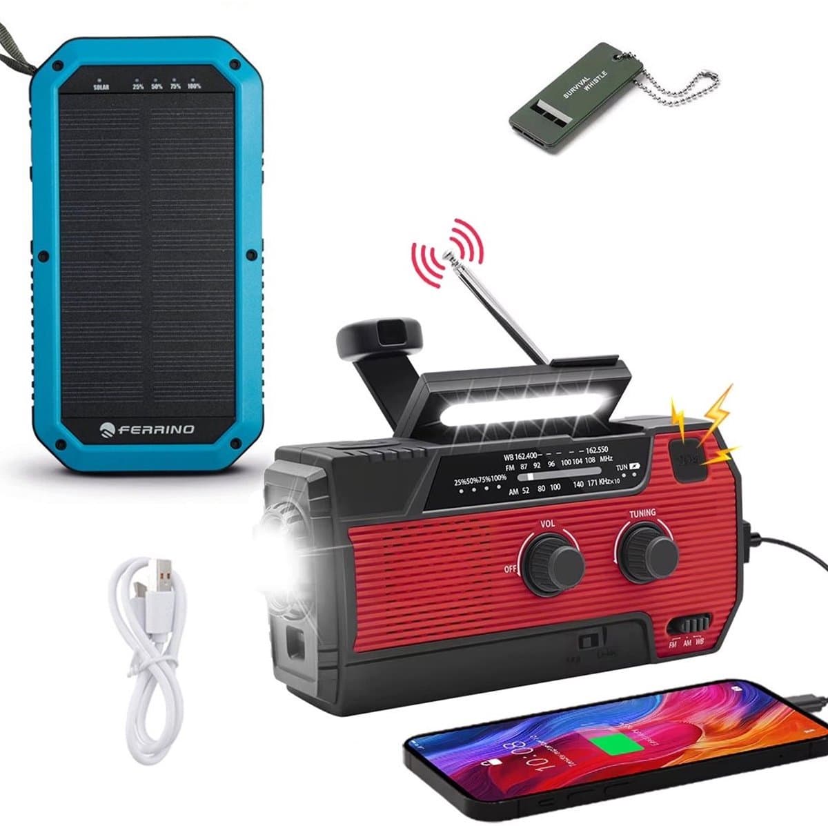Noodradio Solar Opwindbaar en Batterij - 2026 Editie - Noodpakket - Draagbare Survival Radio - Inclusief 10.000 mAh Solar Powerbank en Noodfluit - Powerbank Zonneenergie - Bouwradio - Zaklamp - Rood — afbeelding 1