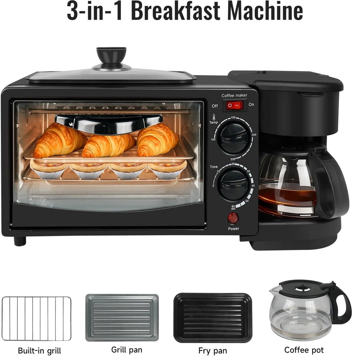 Joorly Magnetron - 3-in-1 Multifunctioneel - Mini Oven 9L - Koffiezetapparaat - 600 ml Koffiekan – Broodrooster – Compact Keukenapparaat – Zwart — afbeelding 1