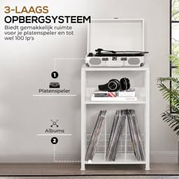 LP Opbergsysteem - Wit - Tot 100 Platen - Stevig Hout & Metaal - 65 x 40 x 30 cm (H x B x D) - Platenspeler Meubel - Platen Houder - Vinyl Kast / Tafel - Standaard - Platenrek - Platenhouder - Platenkast — thumbnail 4