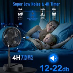 KZQ Draagbare, opvouwbare oscillerende ventilator - Tafelventilator - Staande ventilator - Stil - Vierversnellingsinstelling - 8000 mAh - USB-C - Inclusief afstandsbediening - Geschikt voor Thuis, Kantoor en Buiten - 22 × 22 × 10 cm - Zwart — thumbnail 4