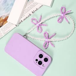 2 stuks kralen telefoonhangers met strikjes, universele esthetische delicate schattige parel strik kralen telefoon polsband voor tas camera oordopjes hoesjes decoratie (roze en paars) — thumbnail 3