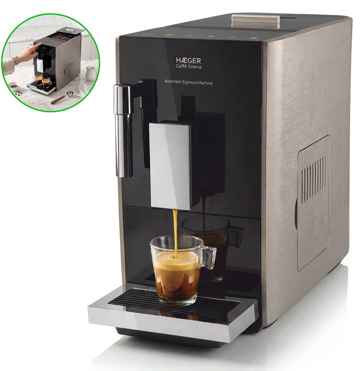 Haeger Caffè Crema Volautomatische Espressomachine - 2 Soorten Koffie & Heet water - Melkopschuimer voor Cappuccino - Koffiemachine met bonen - Zwart — afbeelding 1