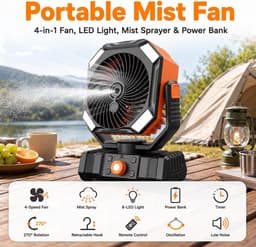 Draagbare campingventilator met een waterreservoir van 300 ml, oplaadbare batterij, ledverlichting, haak, timer en afstandsbediening. Geschikt voor gebruik binnen, op de camping, buitenshuis en op kantoor. — thumbnail 3