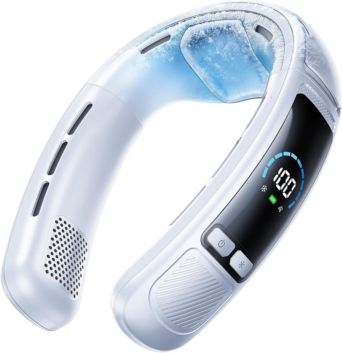 Draagbare nek-airco/ventilator met groot koeloppervlak, tot 22 uur koeltijd, 100 snelheidsstanden, 6000 mAh-accu, digitaal display – geschikt voor buitenwerk, kantoor en reizen (wit) — afbeelding 1