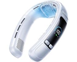Draagbare nek-airco/ventilator met groot koeloppervlak, tot 22 uur koeltijd, 100 snelheidsstanden, 6000 mAh-accu, digitaal display – geschikt voor buitenwerk, kantoor en reizen (wit)