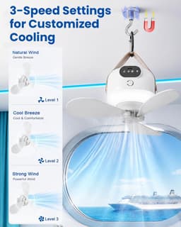 Plafondventilator - Draagbare reisventilator – Snoerloze mini-hangventilator – Stille werking met 3 snelheden – Ontwerp met magnetische haak – Ingebouwd ledlicht – Ideaal voor cruiseschepen， kamperen, tenten en auto's — thumbnail 4
