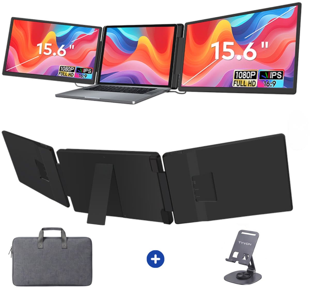 TYVON Triple Portable Monitor 15.6 inch - Flip - Tri screen - Full HD Draagbare monitor met USB-C & HDMI - Voor Apple en Windows - Plug & Play - Dubbel Scherm - Opvouwbaar - Laptop Scherm Uitbreider - Externe Monitor incl. Draagtas - Beeldscherm — afbeelding 1