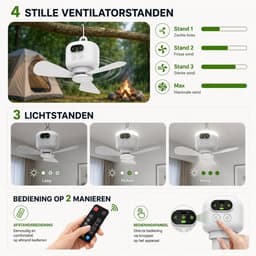 Lapamax Camping Plafondventilator met LED Lamp Ø27 cm – Oplaadbare 8000mAh Batterij – tent Ventilator met Afstandsbediening &Timer- 4 Snelheden& 3 Lichtstanden – ventilator camper Voor Tent, Camper, Caravan en Overkapping – Wit — thumbnail 2