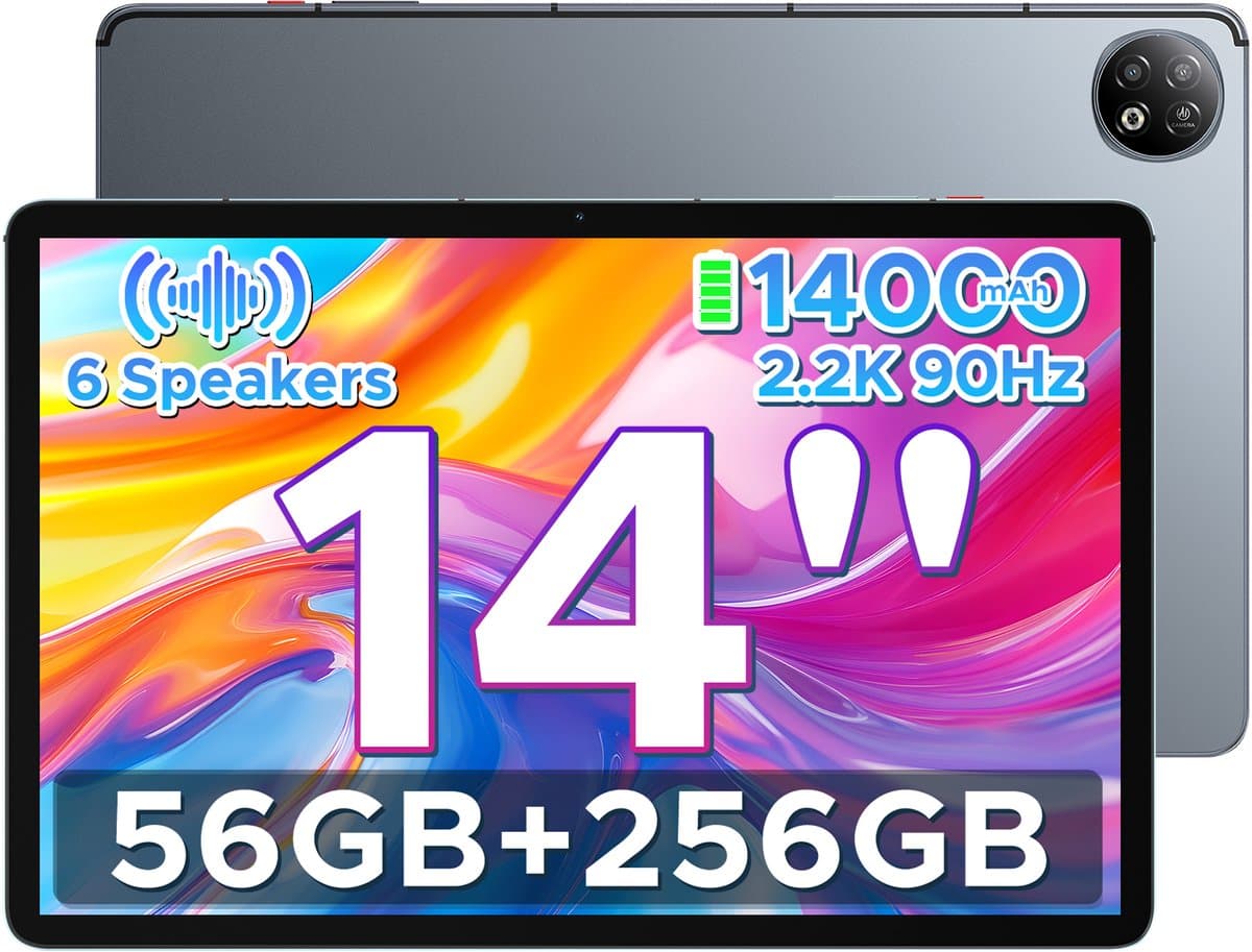 DOOGEE U14 - Tablet - 56 GB RAM (6+50 GB) + 256 ROM (2TB/TF) - GAMINI AI - 14 inch 2.2K+90 Hz - 14000 mAh/33W - 6 Speakers - RK3576S AI - 16 MP+8 MP - Android 16 - WiFi 6 - OTG - Grijs — afbeelding 1