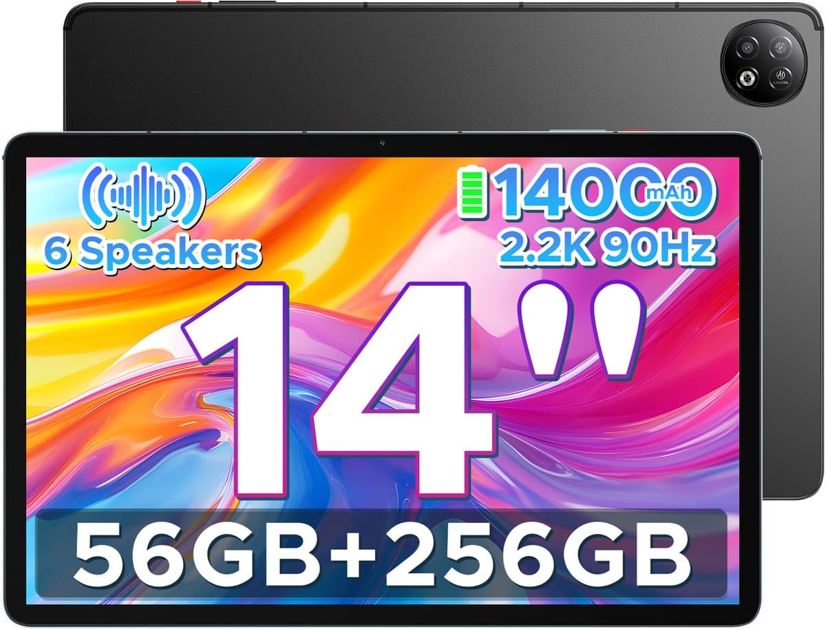 DOOGEE U14 - Tablet - 56 GB RAM (6+50 GB) + 256 ROM (2TB/TF) - GAMINI AI - 14 inch 2.2K+90 Hz - 14000 mAh/33W - 6 Speakers - RK3576S AI - 16 MP+8 MP - Android 16 - WiFi 6 - OTG - Zwart — afbeelding 1
