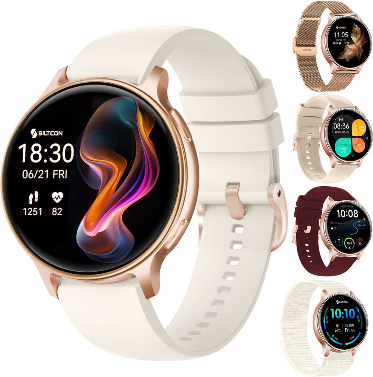 Siltcon® Auréa 2 - GPS Smartwatch Dames Goud - Horloge Dames - Stappenteller Horloge Dames - Sporthorloge Dames - Hartslagmeter - Slaapmonitor - Saturatiemeter - Belfunctie - Geschikt voor iOS/Android - AMOLED - RVS - Elke pols - Strava - 5 Bandjes — afbeelding 1