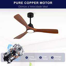 Plafondventilator 52 inch - Met licht - Omkeerbare DC-motor met geheugen - 6 snelheidsstanden - Stille werking - 3 massief houten bladen — thumbnail 5