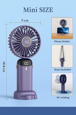 Draagbare handventilator – Verbeterde 800 mAh-ventilator met led-display – 90° inklapbaar, 5 snelheden, 3-in-1 (hand-, nek- en bureauventilator) – Compacte ventilator voor o.a. make-up(Paars) — thumbnail 3