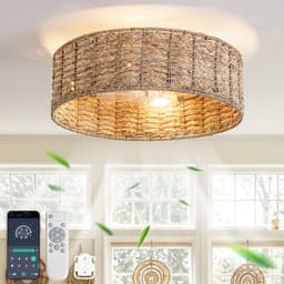 19 inch Natuurlijk Rotan Plafondventilator met Licht - Dubbele bediening via app en afstandsbediening - 6 snelheden omkeerbaar - Stille motor - ABS-bladen - Geschikt voor kleine lage ruimtes in rustieke Wabi-Sabi stijl — thumbnail 2