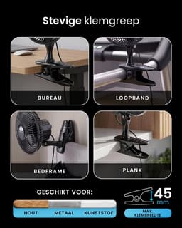 Tafelventilator met Klem – 360° Draaibaar – 2 Snelheden – Stille Mini Ventilator – 20 cm Zwart — thumbnail 3