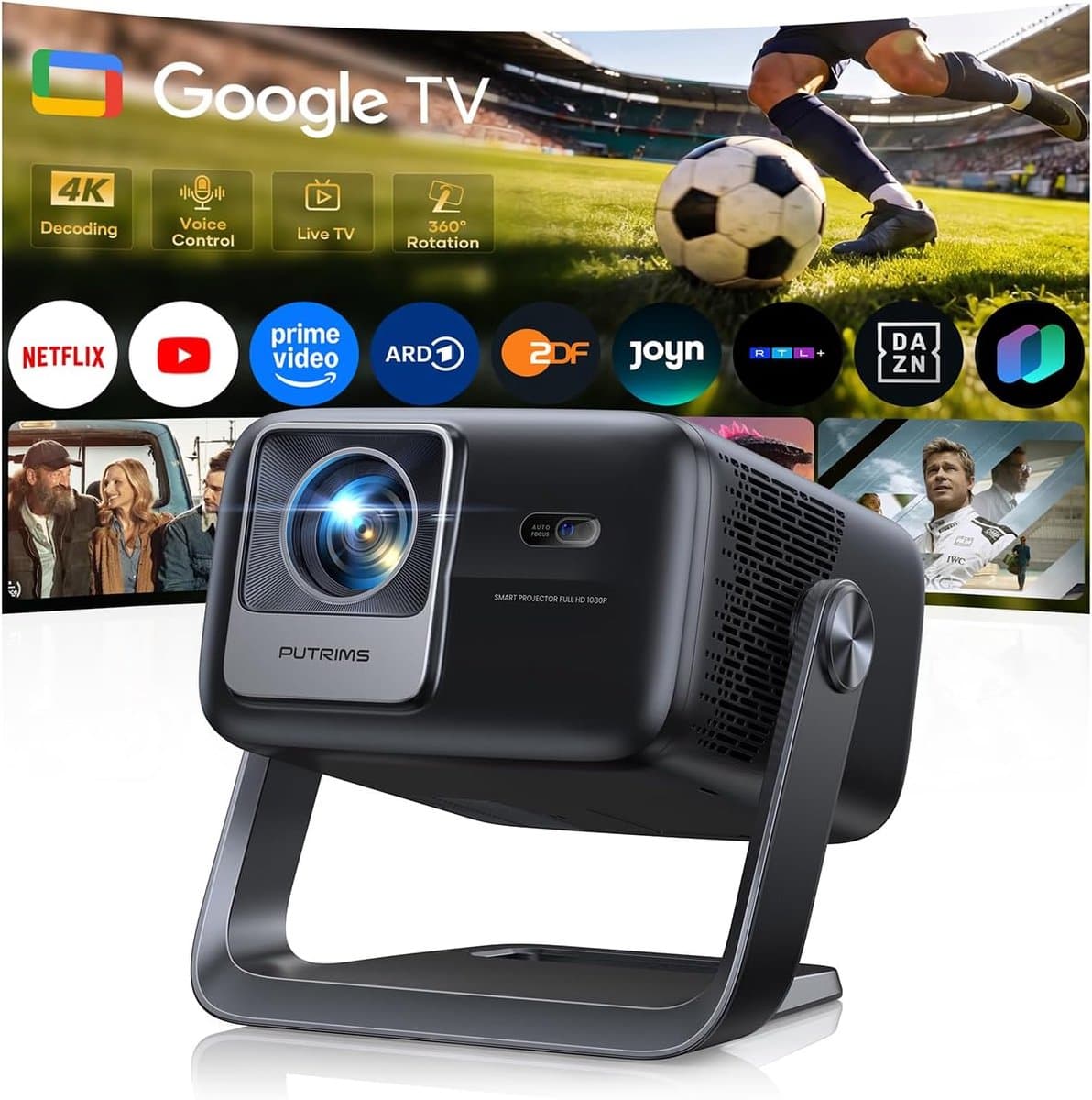 Smart Beamer Full HD 1080p met Google TV – Autofocus – WiFi 6 – Bluetooth 5.4 – 30W Audio – 360° Draaibaar — afbeelding 1