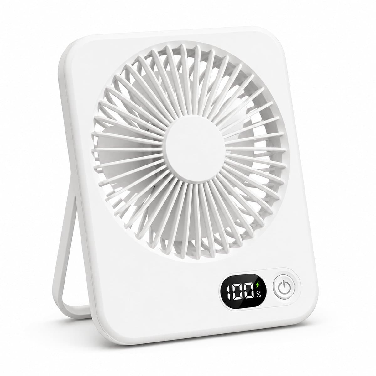 Oplaadbare USB-C Tafelventilator met LED Display, Vouwbaar en Stil, 180° Verstelbare Mini Ventilator voor Kantoor en Thuisgebruik, 2000mAh Accu - Wit — afbeelding 1