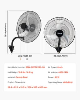 VEVOR 65W Industriële Wandventilator 57 cm, 6 m/s Oscillerende Wandventilator met 3 Snelheden en Verstelbare Kantelhoek, Commerciële Industriële Ventilator voor Werkplaats, Garage, Magazijn, Sportschool, Zwart — thumbnail 2