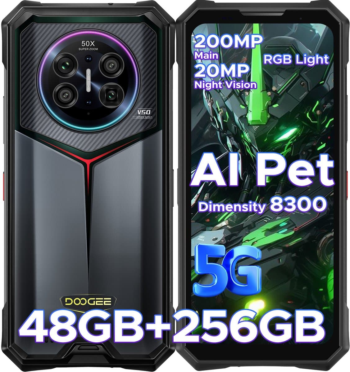 DOOGEE V50 5G - Robuuste Smartphone - 48GB RAM + 256GB ROM / 2TB TF - Android 16 - Dimensity 8300 - 11000mAh/66W - RGB sfeerlicht- 6.78 inch FHD+ &120HZ - 200MP + 32MP -NFC - Face ID - Gemini AI - WIFI6E - Vingerafdrukherkenning - GPS - Zwart — afbeelding 1