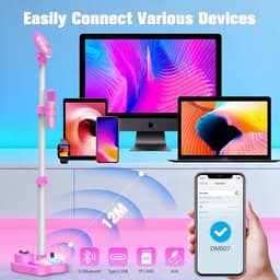 Karaoke Microfoonset voor Kinderen - Met Verstelbare Standaard, 2 Microfoons en LED-Verlichting - Bluetooth, USB, AUX & TF-Kaart — thumbnail 4