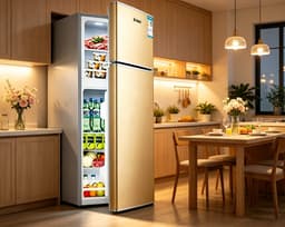 Koelkast met dubbele deur en vriesvak 88 liter inhoud ruimtebesparend ontwerp geschikt voor slaapkamers woonkamers keukens kantoren en studentenkamers Afmetingen 107*43*39 cm goud — thumbnail 1