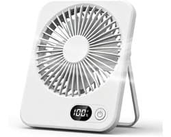 Handventilator - Tafelventilator - Draagbaar - Met LED-display - USB-oplaadbaar - Met inklapbare standaard - Geschikt voor thuis, kantoor, slaapkamer en op reis - Wit