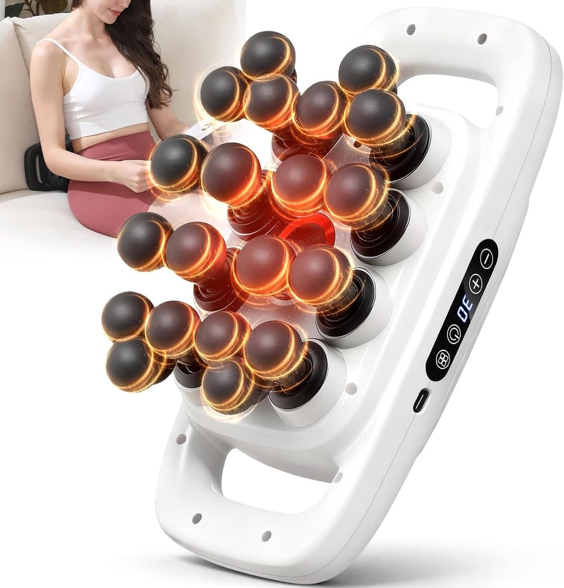 Massagepistoolset met 20 opzetstukken, diepweefselpercussiemassageapparaat met 3 standen en 30 intensiteiten, draagbaar massagepistool voor spier-, been- en taillemassage en pijnverlichting (wit, 20 opzetstukken) — afbeelding 1