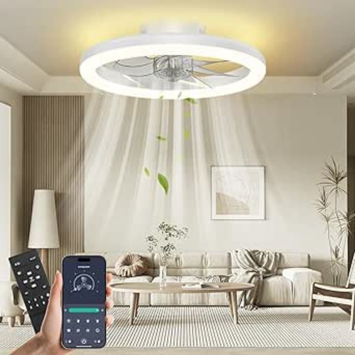 Thuys - Plafondventilator met LED Verlichting - 48W - Dimbaar - Afstandsbediening & Bluetooth App - 6 Snelheden - Zomer/Winterfunctie - Wit — afbeelding 1