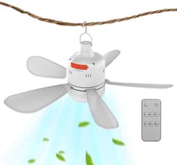 LISM-Deze plafondventilator is geschikt voor kamperen en tuinhuisjes. Hij wordt geleverd met een afstandsbediening, een duurzame accu en een USB-oplaadfunctie, en de windsnelheid is instelbaar. — thumbnail 1