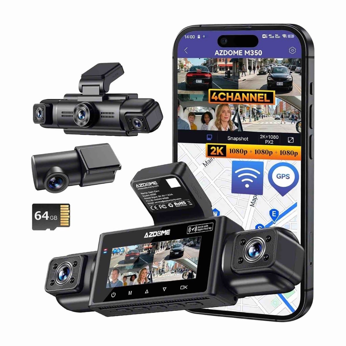 AZDome M350 4CH 360 graden dashcam voor auto - Twee interieur camera's en achtercamera - 2K + 3x Full HD resolutie - Wifi en GPS - Night vision - Parkeerbeveiliging - 64gb Micro SD kaart - 3,0 inch LCD scherm - 170 + 170 + 150 + 150 graden kijkhoek — afbeelding 1