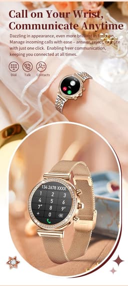Knobbout Luxe Dames Smartwatch 1.27” Scherm met Kristallen – Bluetooth Bellen – HD Touchscreen – Hartslag, Bloeddruk & SpO₂ Monitoring – Vrouwelijke Gezondheidsfuncties – AI spraakassistent– IP68 Waterdicht – Tweekleurige stalen band — thumbnail 3