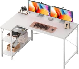 L-vormig computerbureau - Wit computerbureau - Houten bureau met open planken - 120 cm - Hoekbureau met planken Studiebureau Houten hoekbureau, geschikt voor studeerkamer, slaapkamer of thuiskantoor — thumbnail 1