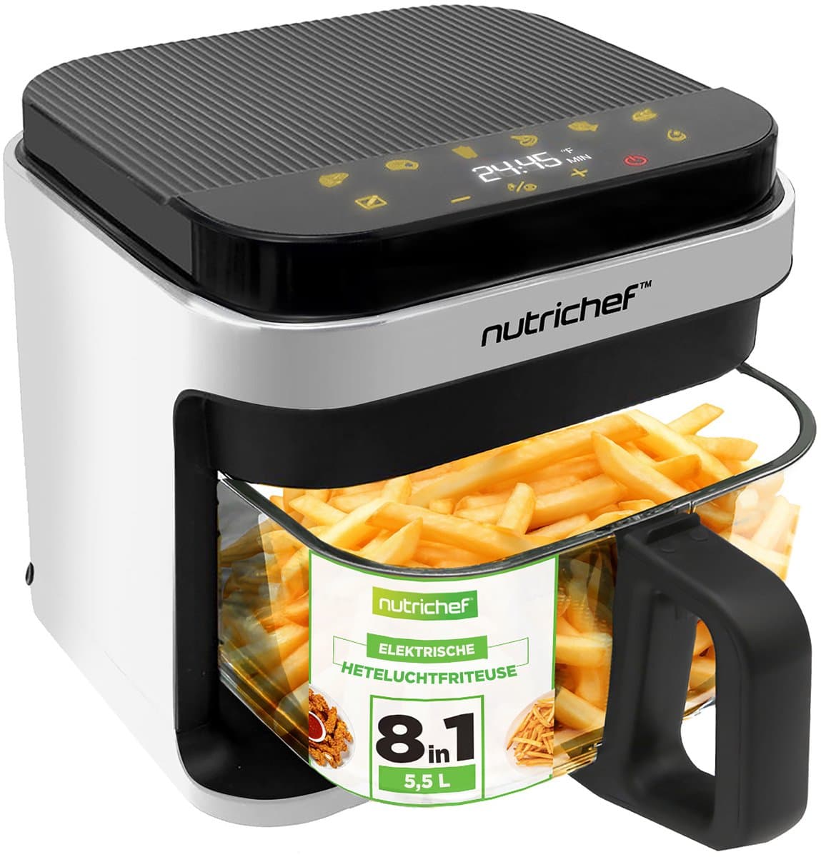 Nutrichef Airfryer 5,5 L – 8-in-1 Kookmodi, Transparante Kom, Nauwkeurige Temperatuur & Timer – Wit — afbeelding 1