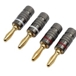 Vergulde banaanstekkers set (4 stuks) – 24K gold plated speakerpluggen – Hifi speakerkabel connectors – Schroefbare banaanpluggen rood/zwart – Audio accessoires voor versterker, receiver & luidsprekers — thumbnail 1