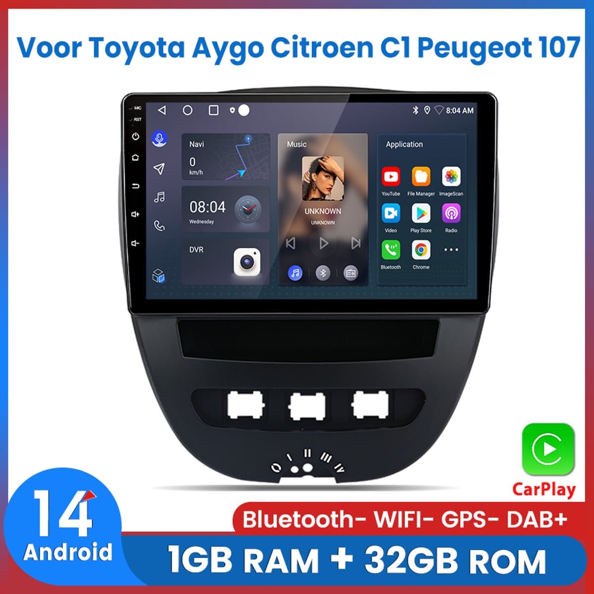 Awesafe Carplay Autoradio Geschikt Voor Toyota Aygo/PEUGEOT 107/Citroen C1 2005-2014 - Android 14 - Draadloos Apple Carplay & Android Auto - 1GB + 32GB - 4 Core processor - Bluetooth & Wifi GPS Navigatie — afbeelding 1