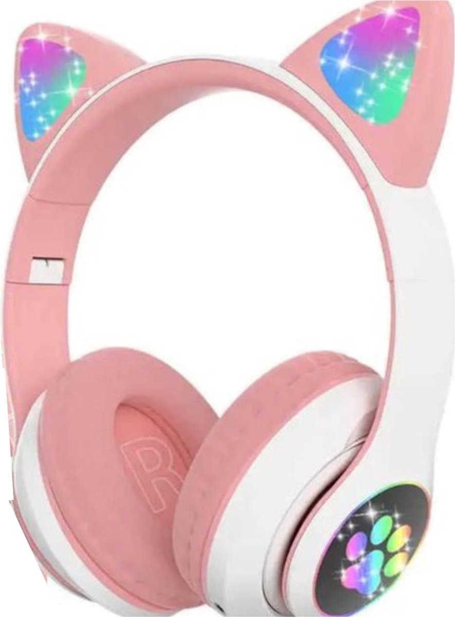 Kinder Hoofdtelefoon-Draadloze Koptelefoon-Kids Headset-Over Ear-Bluetooth-Microfoon-Katten Oortjes-Led Verlichting-Roze — afbeelding 1