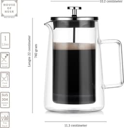 Dubbelwandige Cafetière - French Press - Coffeemaker - Filter Koffie - Borosillicaat Glas - Slow Coffee - 1 Liter — thumbnail 2