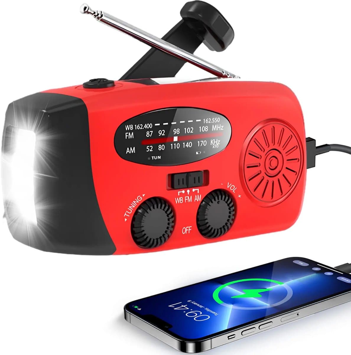 Brixy Noodradio - Radio Met Accu Batterij Voor Noodsituaties - Opwindbaar - Solar - Zaklamp - Powerbank - Rood — afbeelding 1