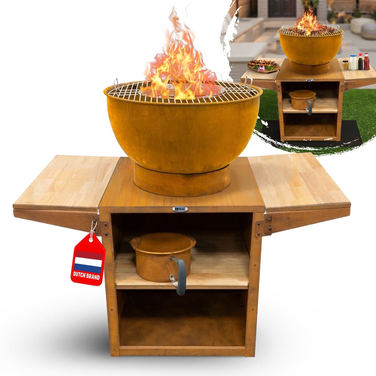 HEAT Outdoor Living Barbecue Buitenkeuken – Roestkleur – Vuurschaal Ø56 cm – Grillrooster & Plancha – Opbergvakken en Zijplankjes — afbeelding 1