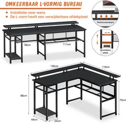 Gaming Bureau met LED Verlichting - 136x118x88 cm - L-Vormig Hoekbureau met Stopcontact - Stopcontact - Gaming Desk - Computer Tafel - Gaming Tafel - Zwart Bureau voor Gamen, Studeren en Werken — thumbnail 2