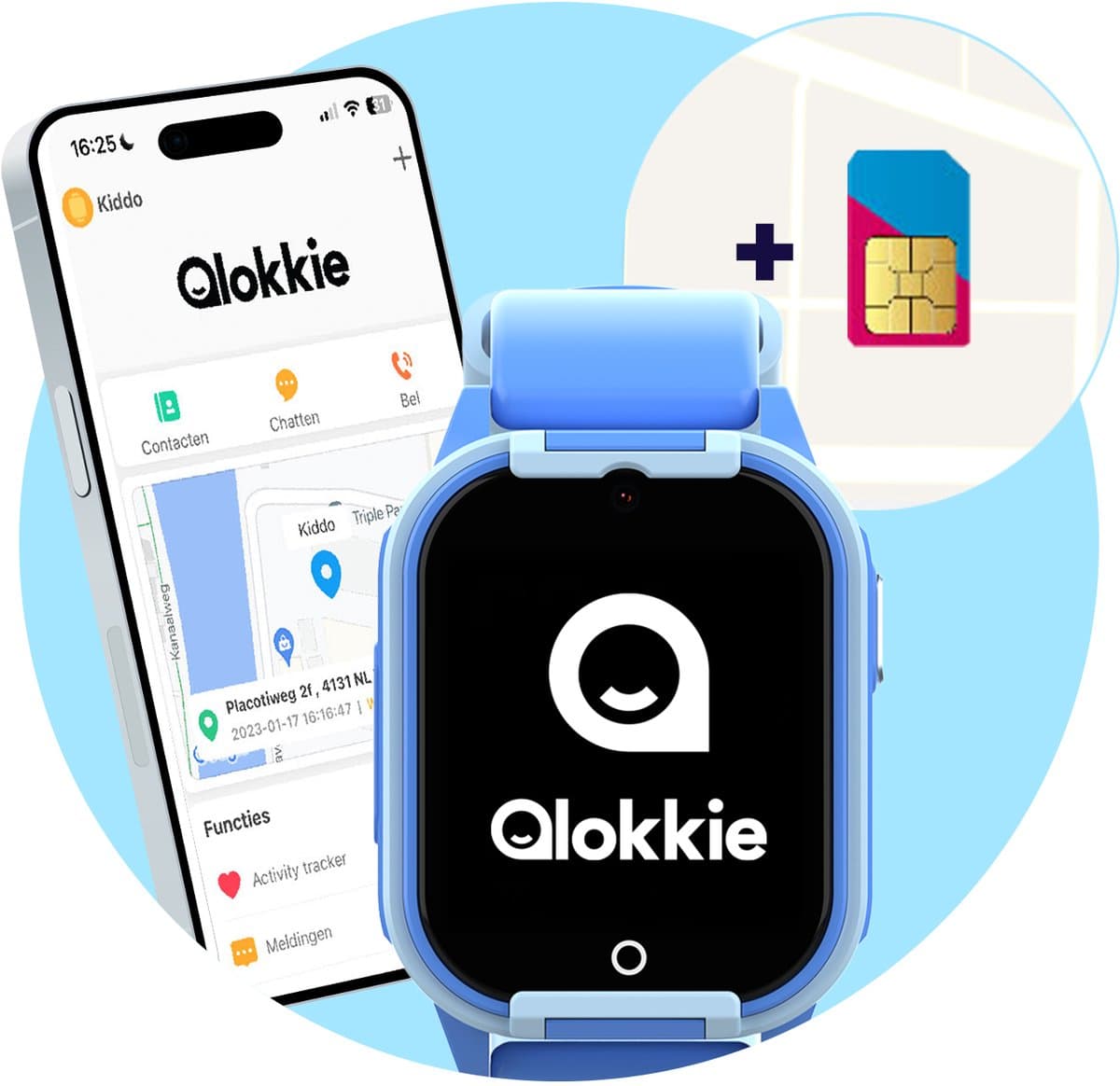 Qlokkie Kiddo Lite - GPS horloge kind - Smartwatch kinderen - GPS tracker kind met nauwkeurige locatiebepaling - GPS horloge kind met simkaart - Stel veilige zones in - SOS functie - Blauw — afbeelding 1