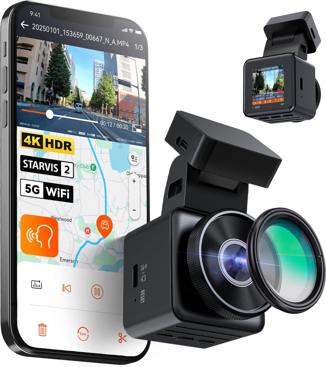 Vantrue E1 Pro 4K Mini Dashcam Voorzijde, STARVIS 2 PlatePix™ HDR Nachtzicht Autoradio, Ingebouwde 5G WiFi GPS, 1,54" IPS-scherm, LTE-ondersteuning, Spraakbediening, 24/7 Buffered Parkeermodus, Ondersteunt tot 1TB Max — afbeelding 1